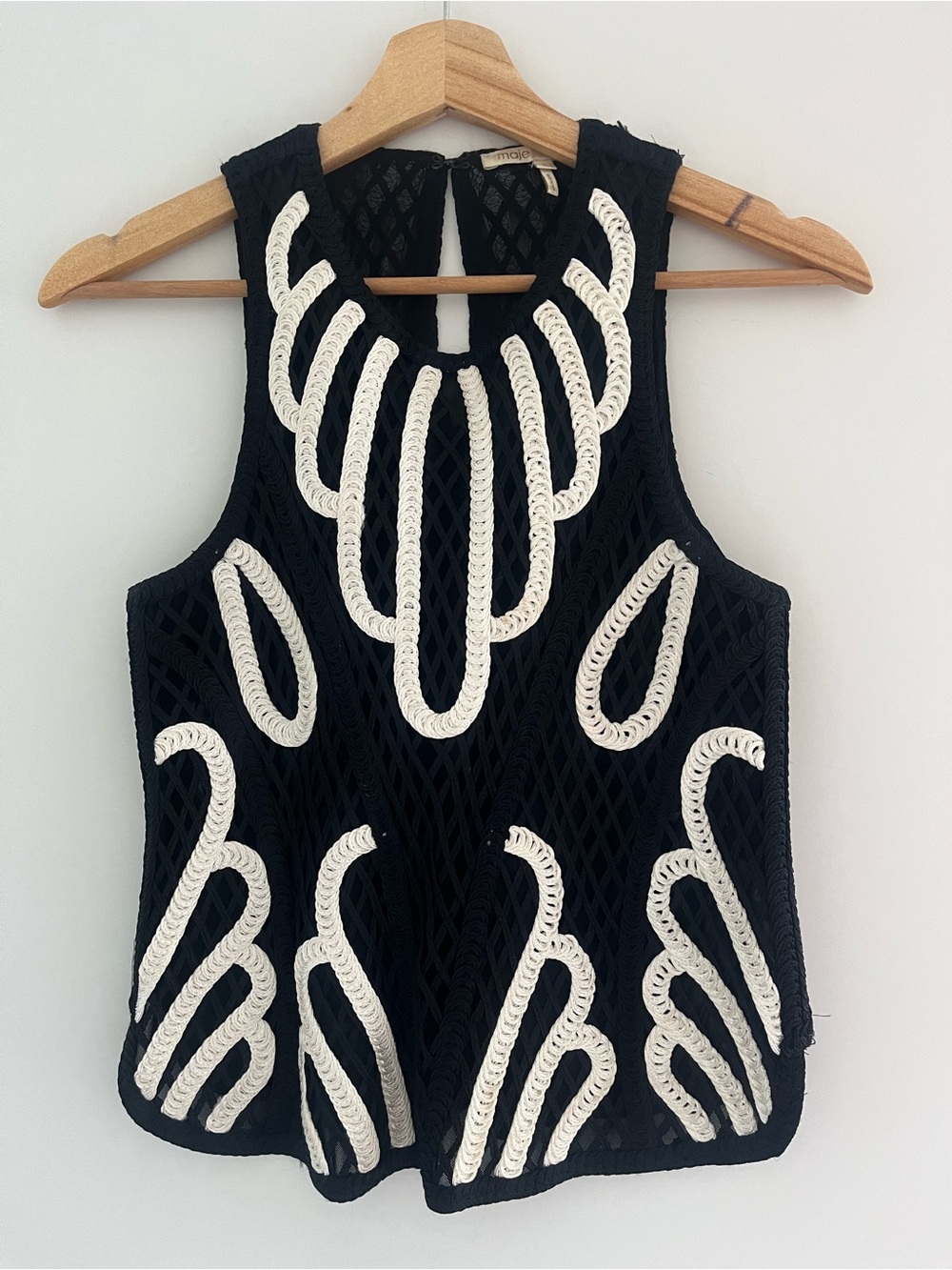 Maje Black Sleeveless Camisole with White Braided Embroidery